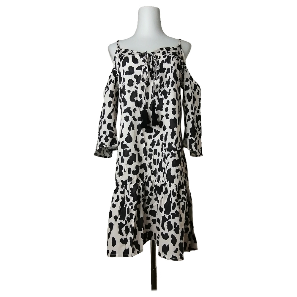 🐆 vintage black and cream leopard print shoulderless short sleeve loose dress